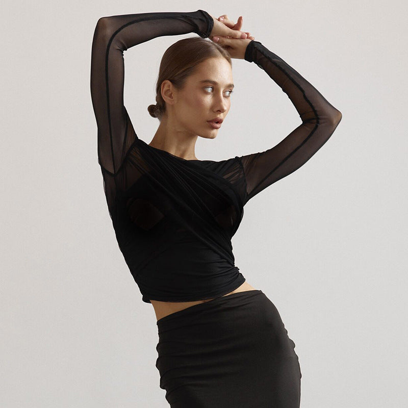 Women's Pleated Long-sleeved T-shirt Top