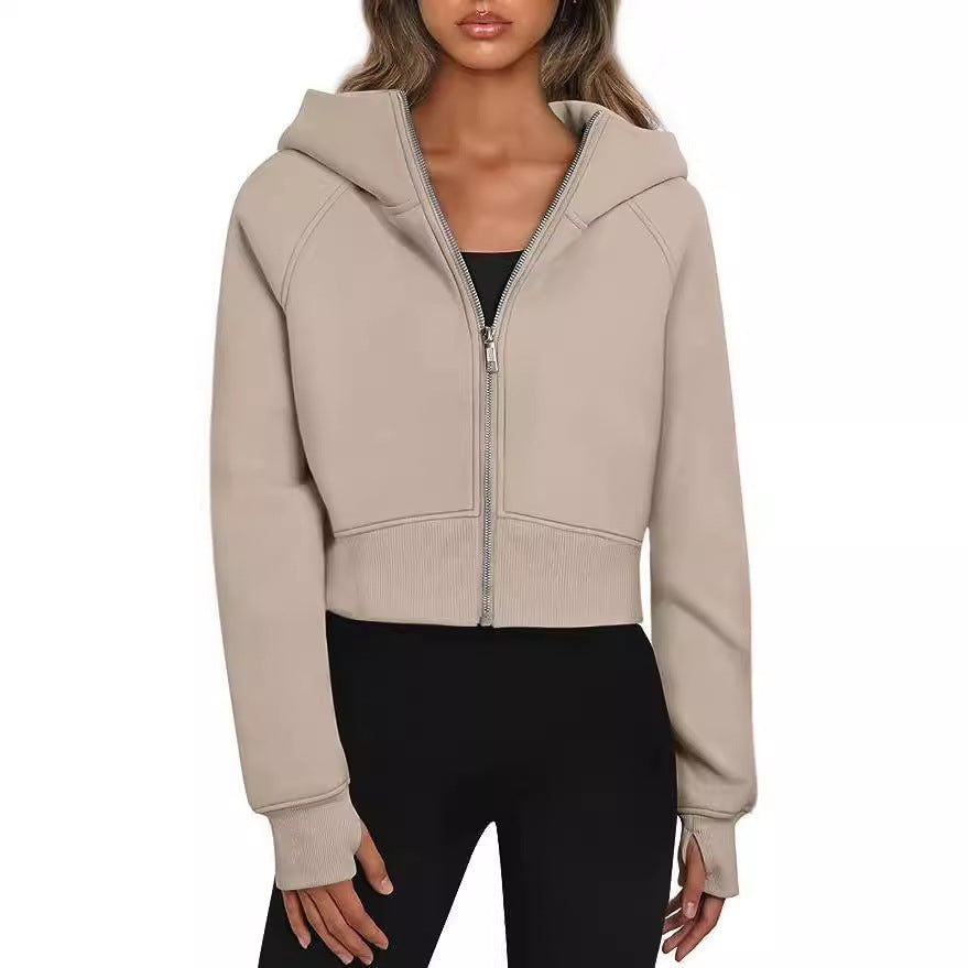 Sweat-shirt à capuche zippé décontracté en polaire, cardigan de sport tendance, hauts courts, vêtements pour femmes