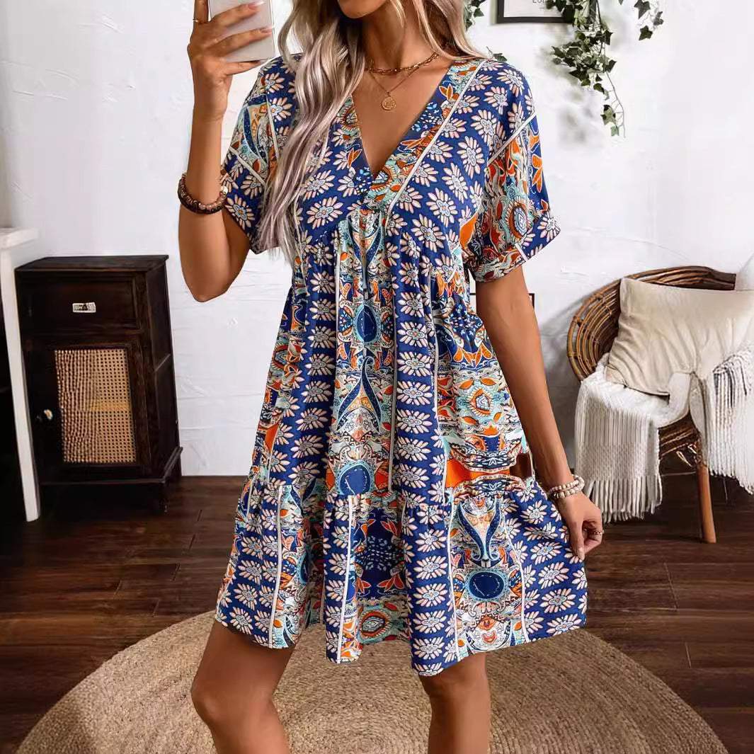 V-neck High Waist Batwing Sleeve Holiday Dress