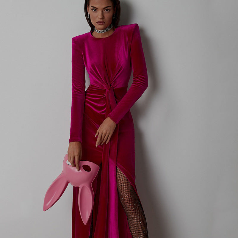 Robe plissée en velours Zou à col rond pour femme, robe moulante fendue