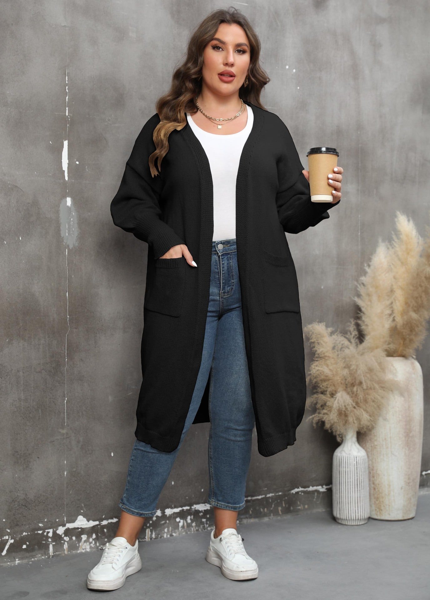 Pull ample mi-long tissé grande taille, style européen et américain, manteau à manches lanternes et double poche