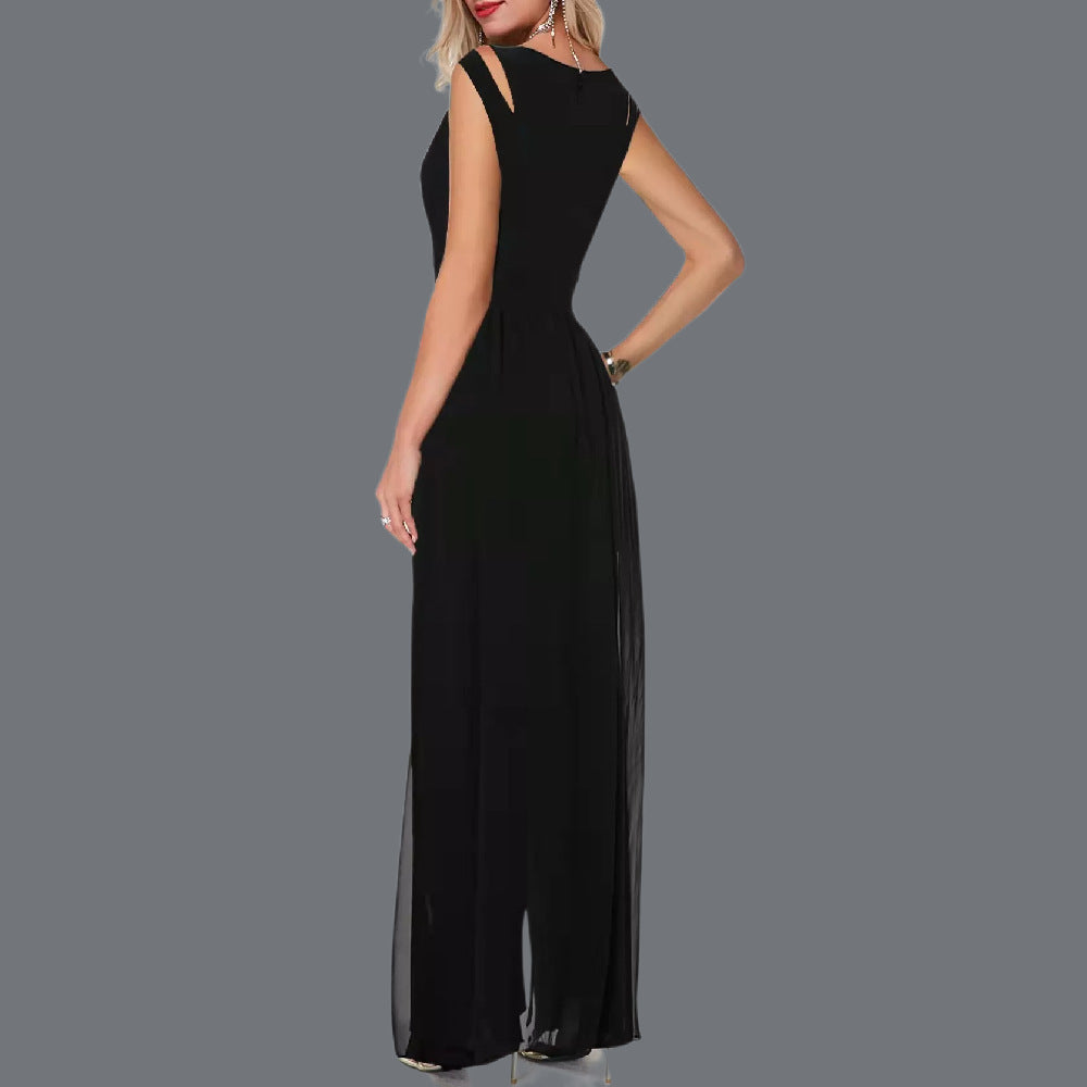 Women's Stitching One-piece Slim-fit Round Neck Sleeveless Solid Color Jumpsuit