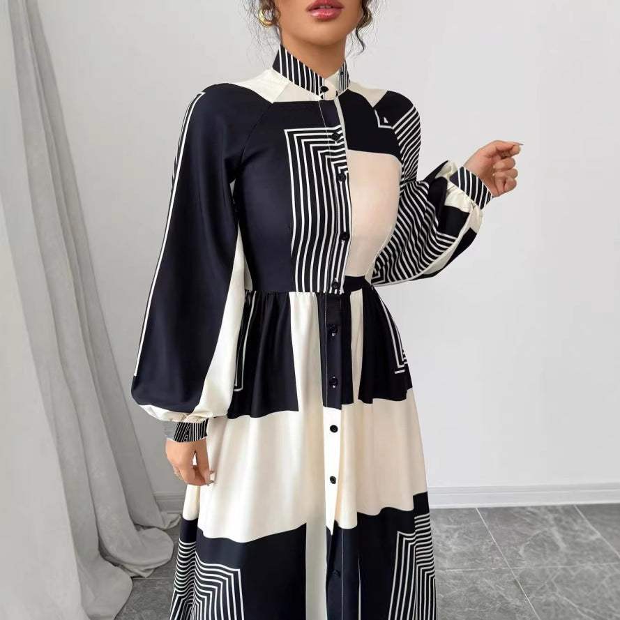 Printed Pleated Stylish Lace-up Casual Plus-size African Dress