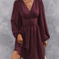 Women's Diagonal Collar Lantern Sleeve Smocking Pleated Waist Dress