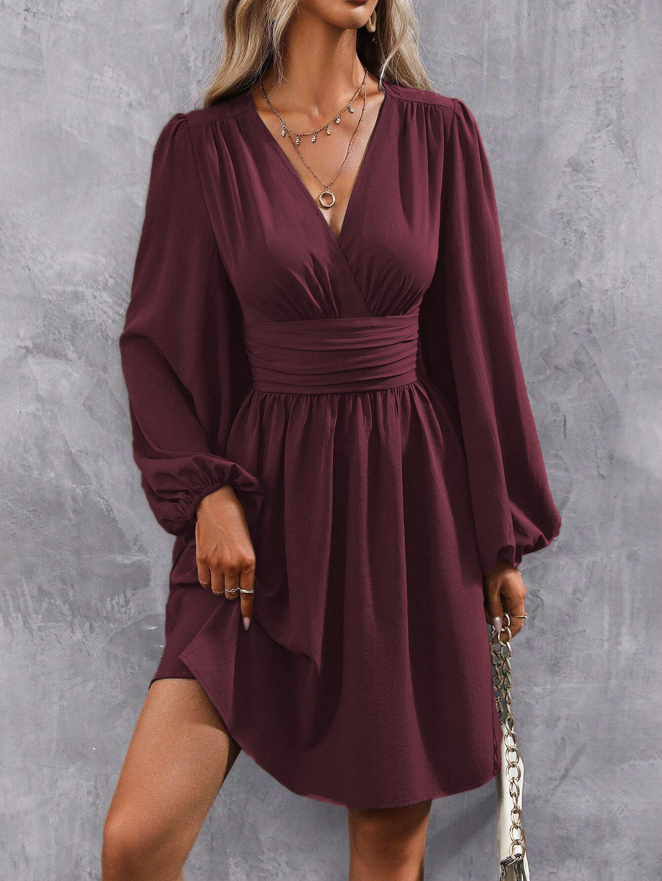 Women's Diagonal Collar Lantern Sleeve Smocking Pleated Waist Dress