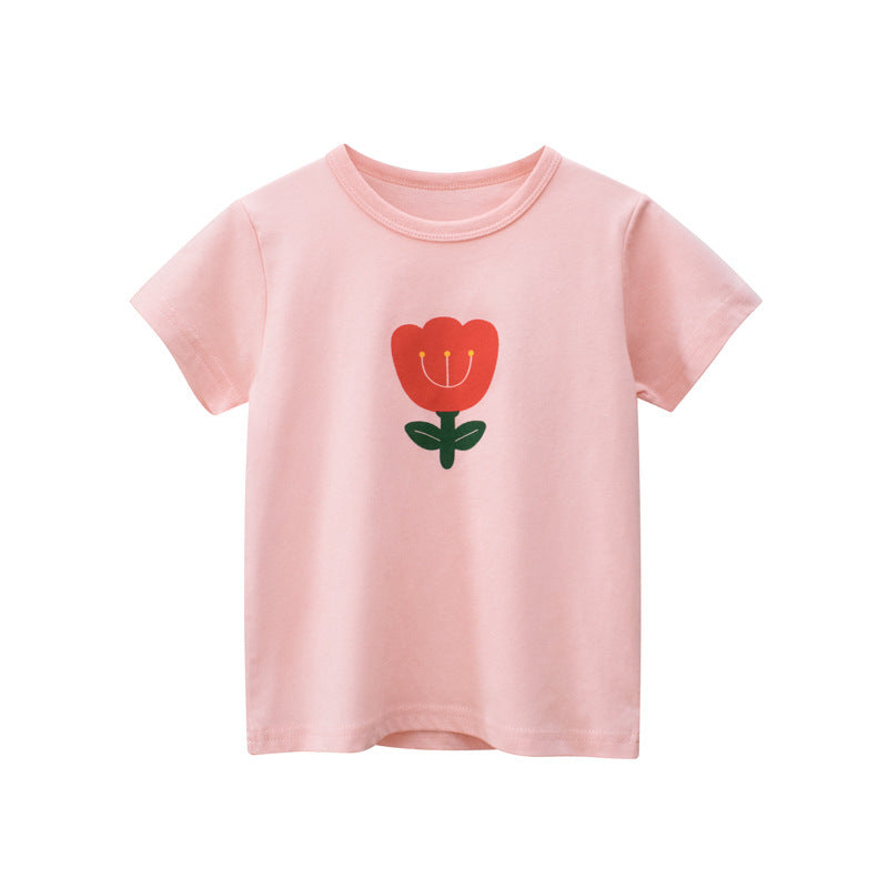Short-sleeved T-shirt For Girls Flower Print Top