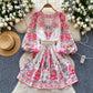 V-neck Lantern Sleeve Pleated A- Line Short Skirt