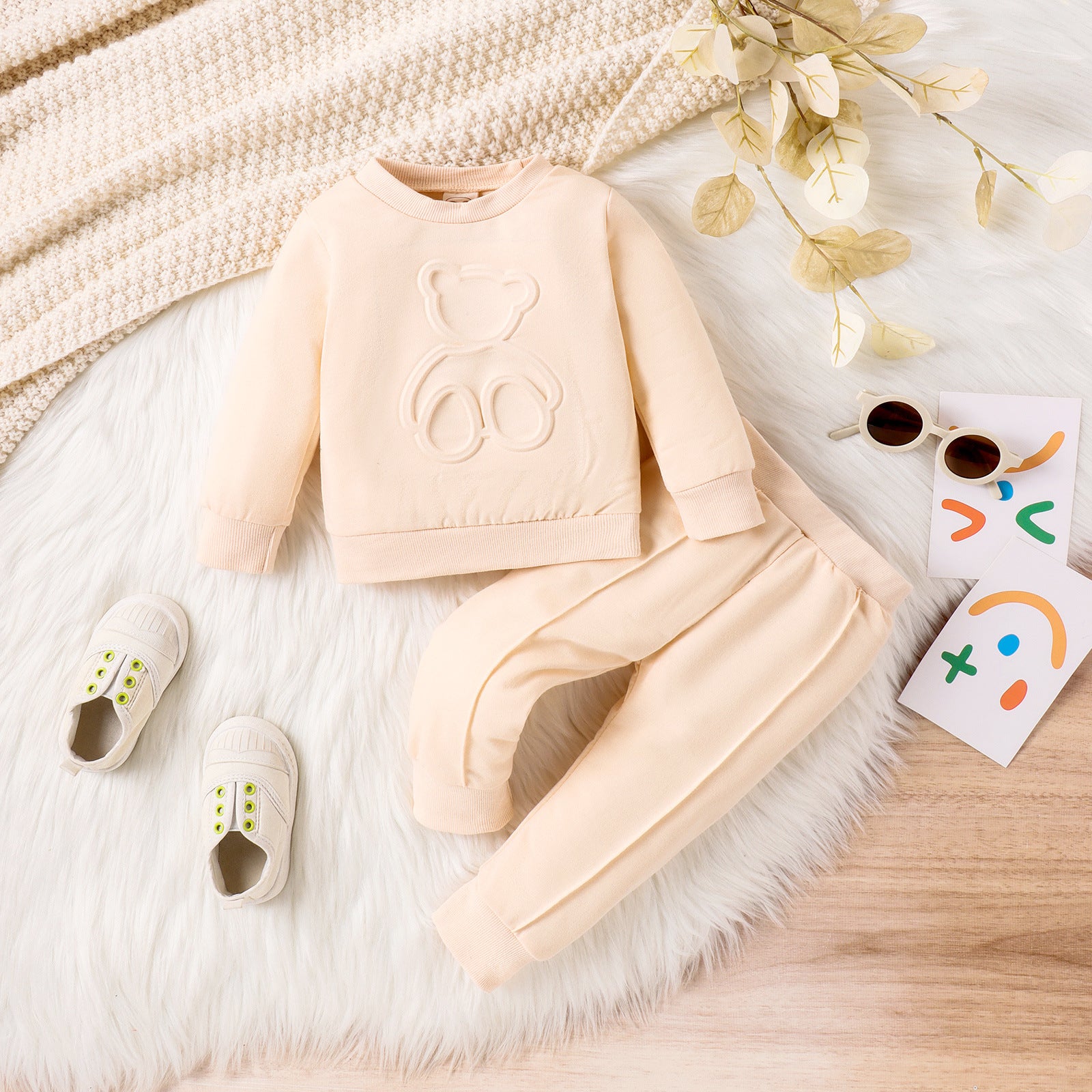 Printed Bear Pullover Sweater Pleated Trousers Sports Suit