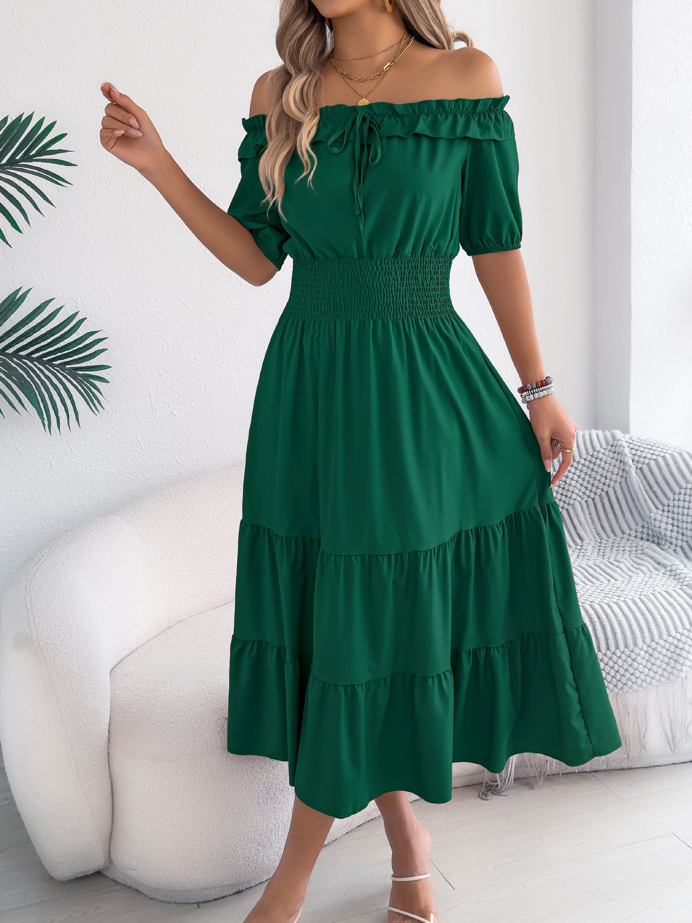 Casual Off-shoulder Ruffled Short-sleeve Belted Waistline Maxi Dress