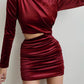 Suede Shoulder Cutout Gathered Long Sleeve Pack Hip Dress