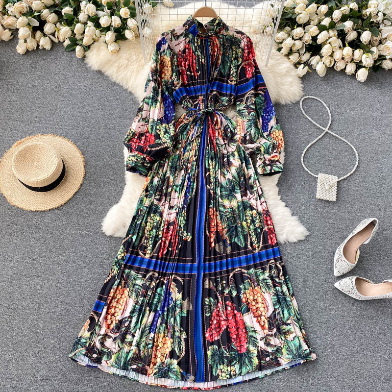 Temperament Slim Long Heavy-duty Pleated Design Print Holiday Skirt