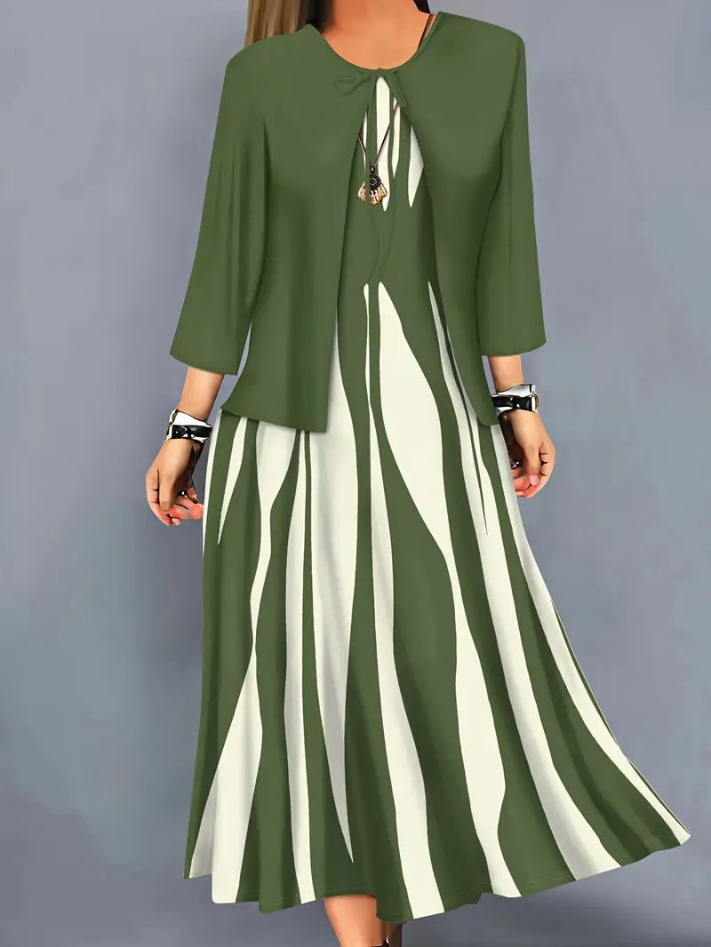 Geometric Print Plus Size Dress Long Sleeve Top Coat Long Skirt Two-piece Set