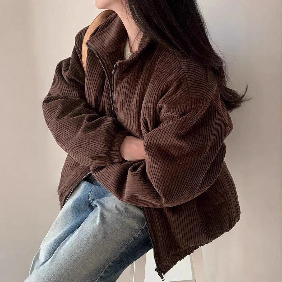 Manteau court ample en velours côtelé et coton rembourré à rayures profondes pour femme