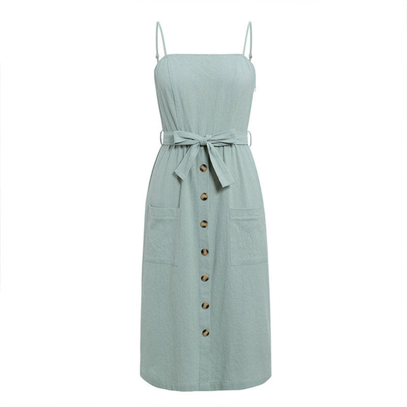 Summer solid color button cotton strap bow A-line dress