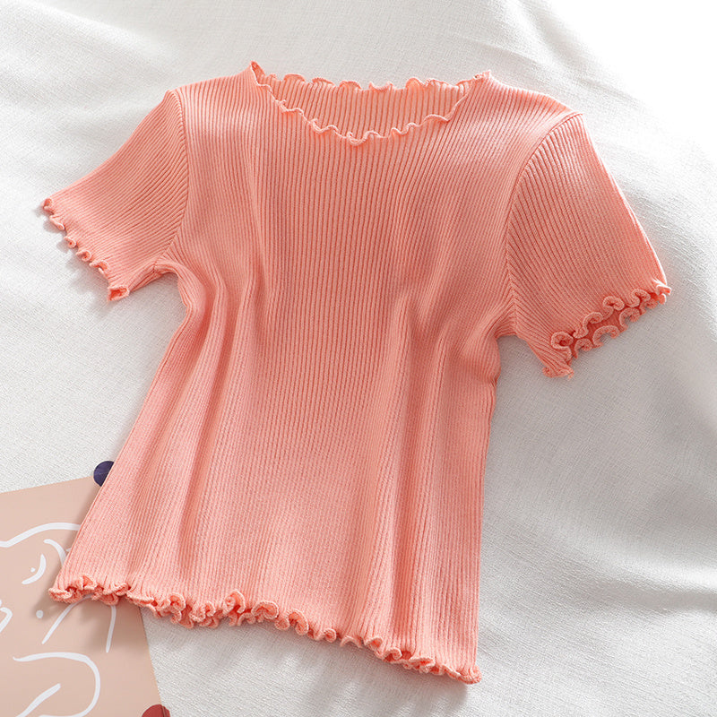 Summer Thin Elastic Pit Strip Half-Sleeved Top Pink Girl