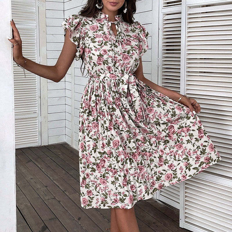 Robe plissée à fleurs et manches à volants, style européen et américain, à lacets