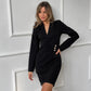 Pearl-button V-neck Long-sleeve Elegant Waist-cinched Dress