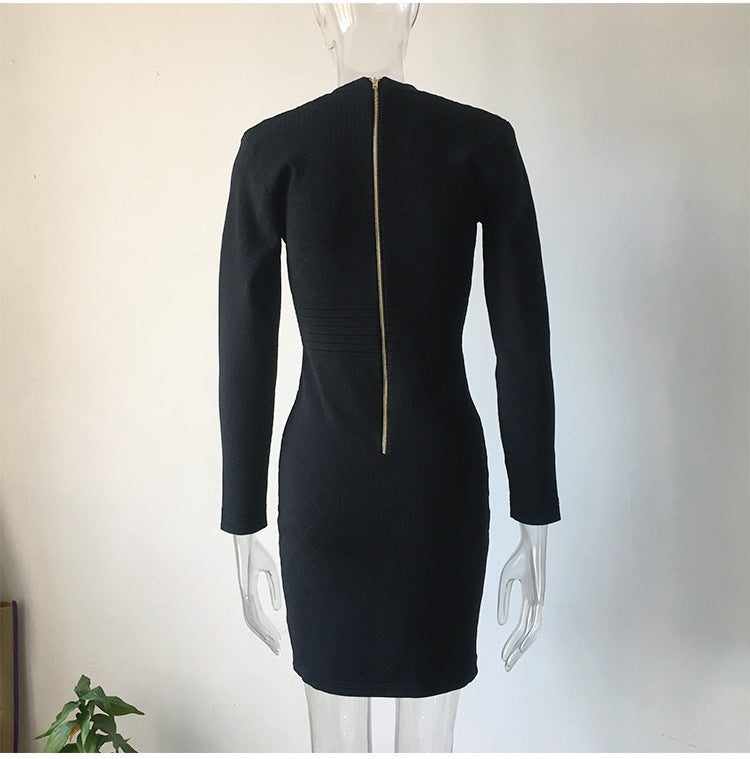 Knit Dress, Base Skirt, Temperament Was Thin, Solid Color V-Neck Long-Sleeved Hip Skirt