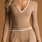 Stylish And Casual White-trimmed Brown V-neck Knit Top And Pants Set