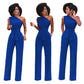 Solid color slant collar button up Jumpsuit