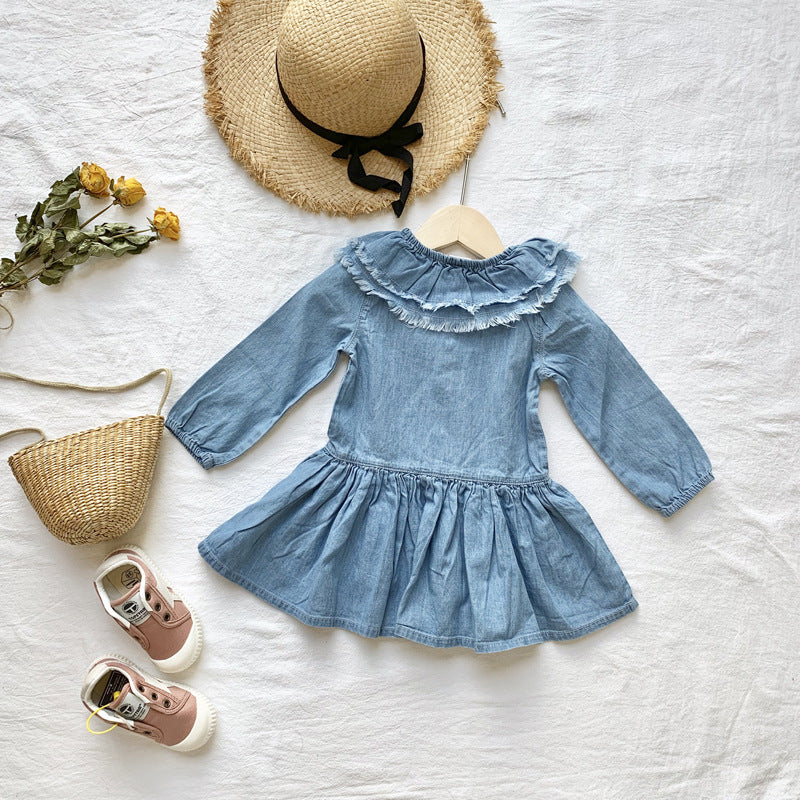 Girl's denim skirt with lotus collar