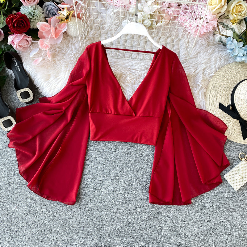 Chiffon Slim Ruffle Sleeve Shirt