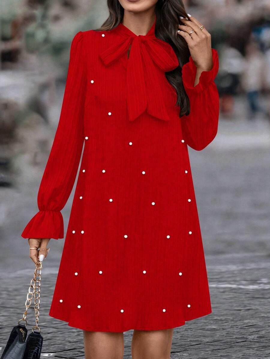 Women's Lace-up Bead Long Sleeve Solid Color Loose Dress