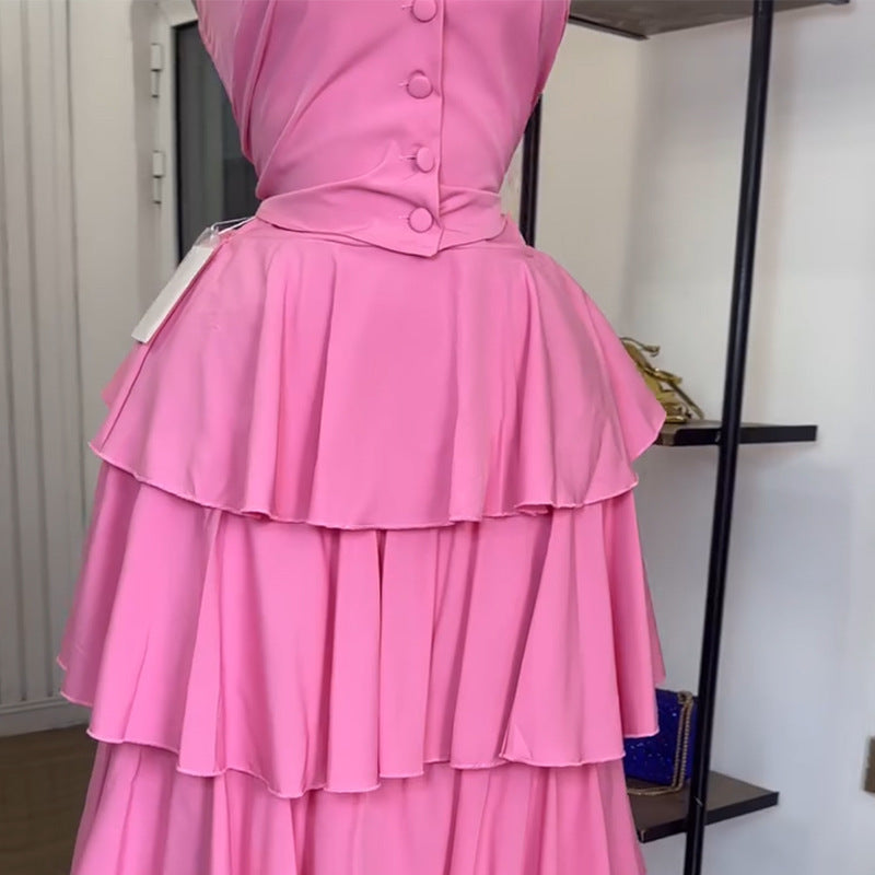 Women's Halter Vest High Waist Tiered Skirt Two-piece Set
