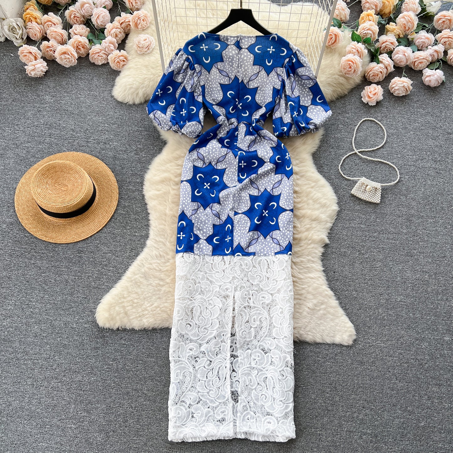 Women's Printed Color Contrast Patchwork Long Lace Dress