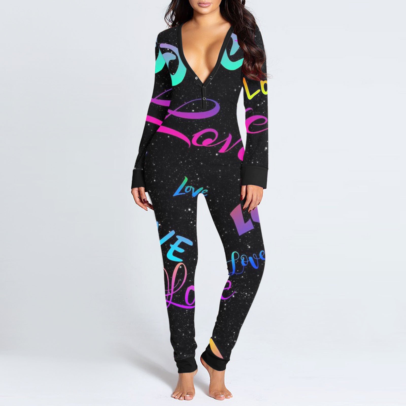 Women's Pajama Jumpsuit Print Deep V