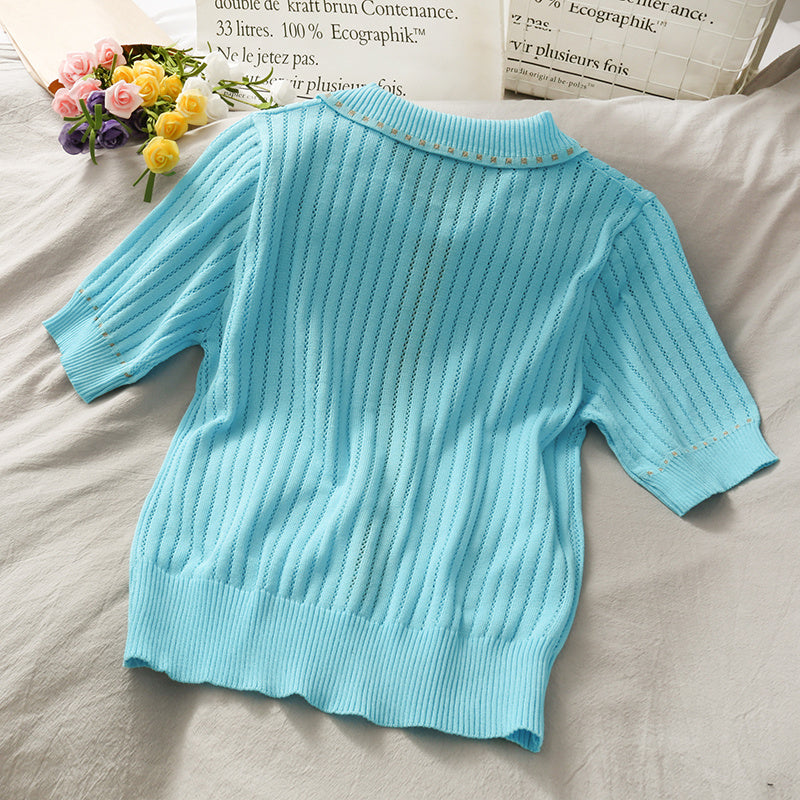 Hong Kong Style Polo Collar Single-breasted Golden Dot Slim Top Women