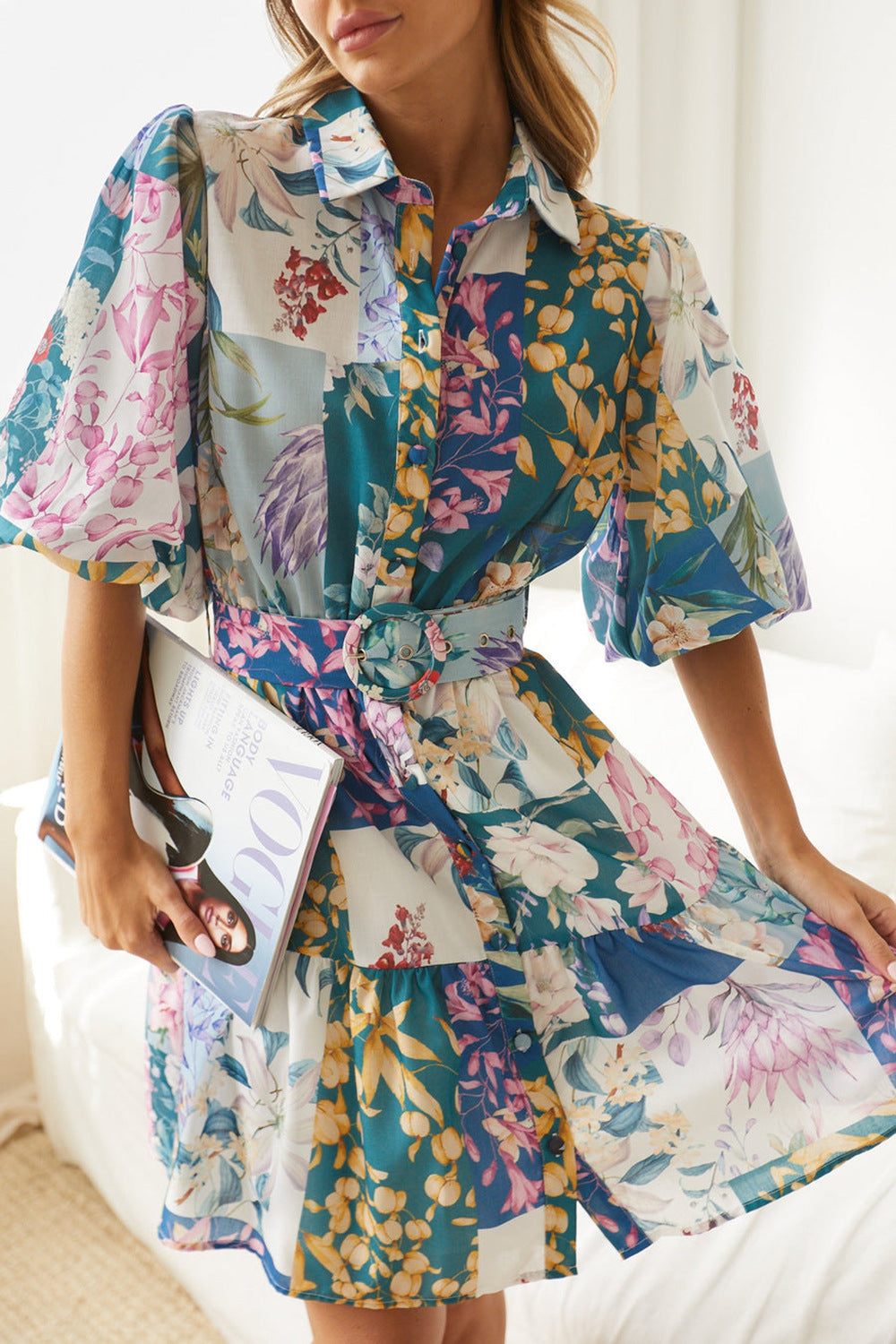 Women's Lantern Short Sleeve Belt Single-breasted A- Line Dress