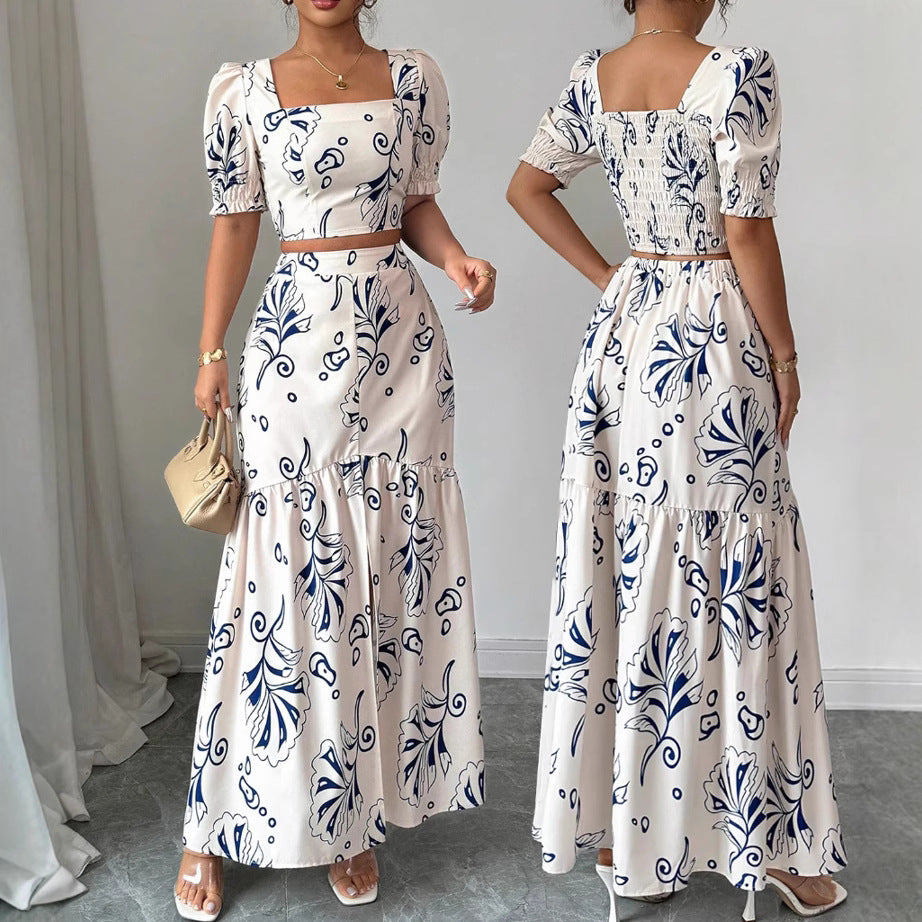 New Printed Square Neck Short Sleeve Skirt Set