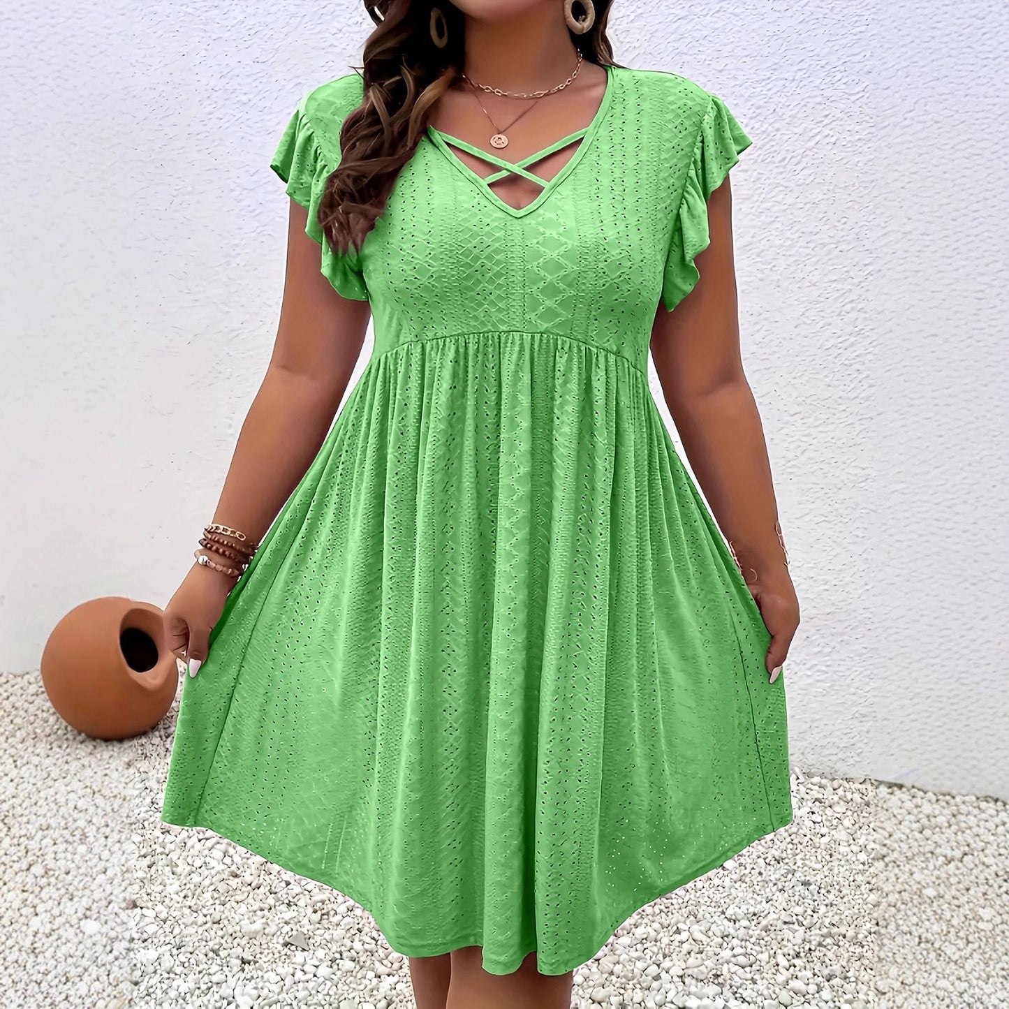 Womens V-neck Hollow-out Short-Sleeve Blouse Dress