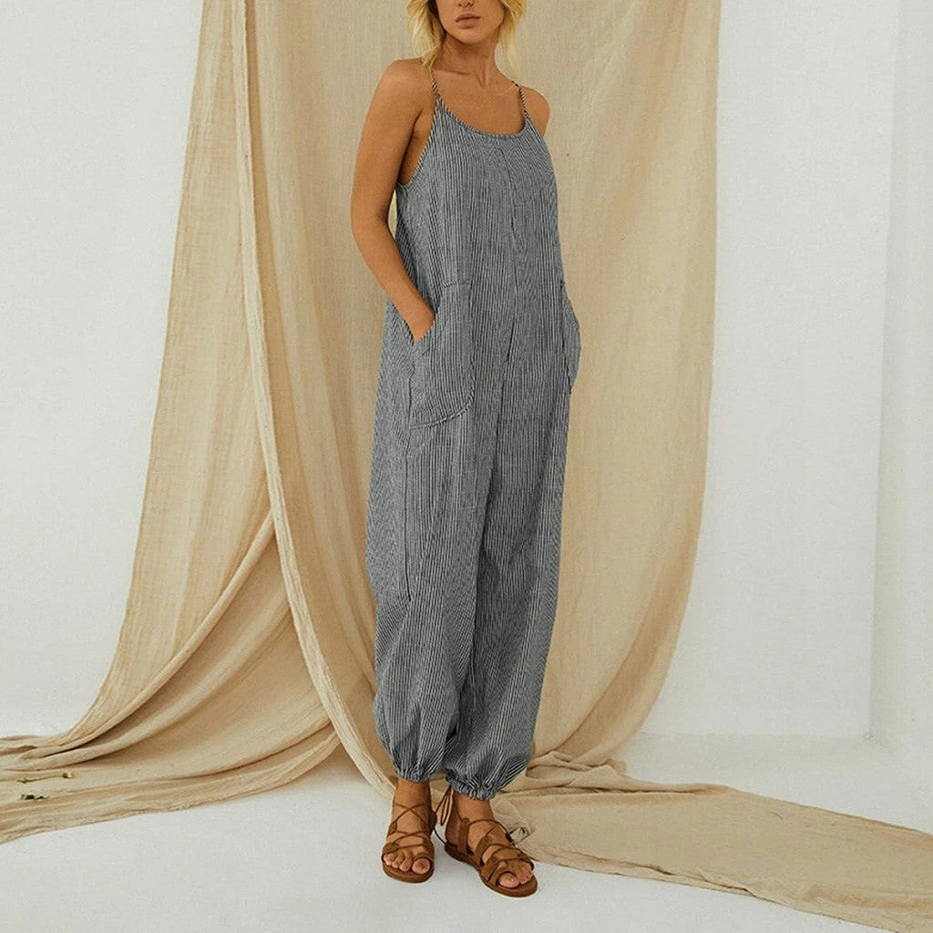 Sling romper pocket cotton and linen stripes