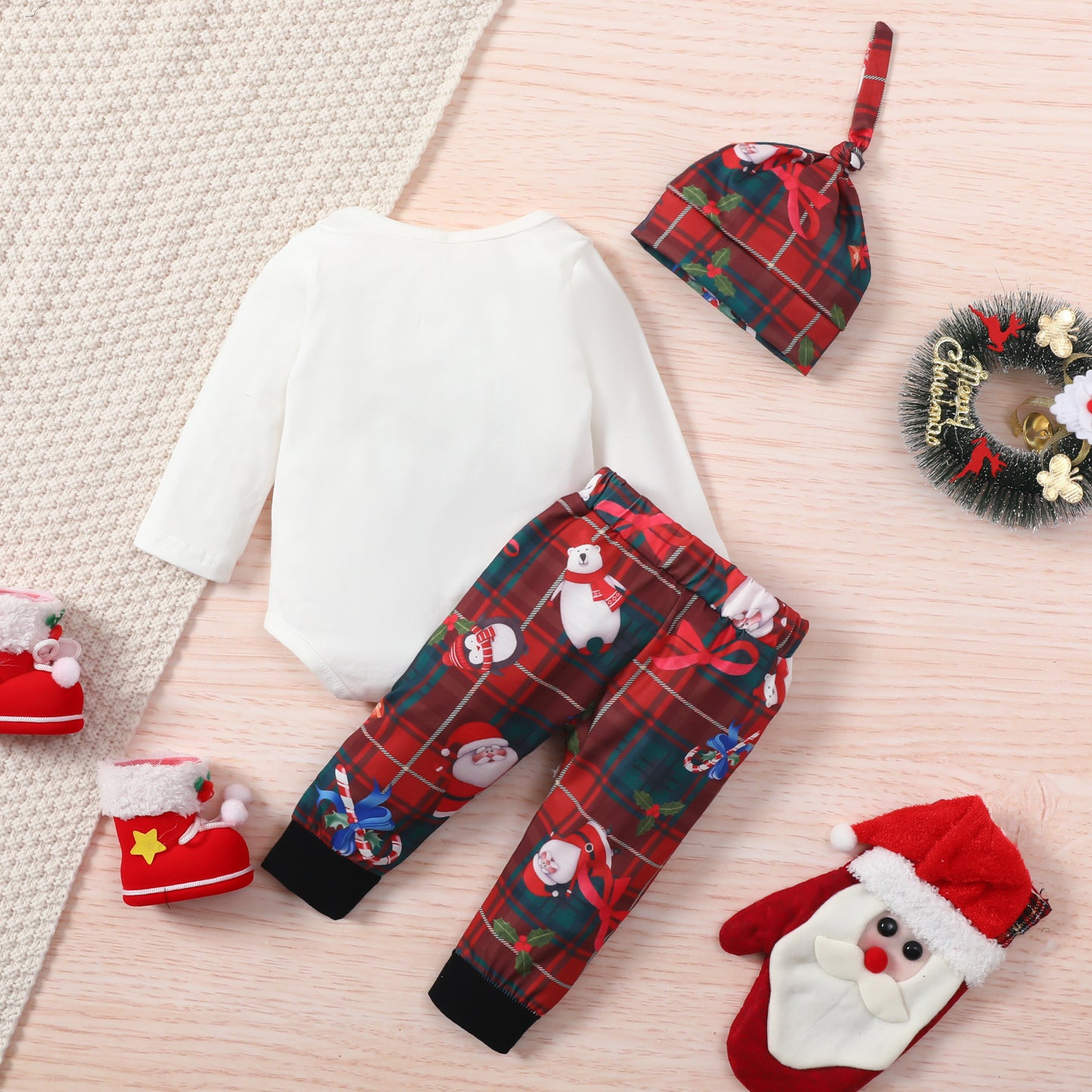 Infant Christmas Long-sleeved Top, Trousers, Hat, Turban