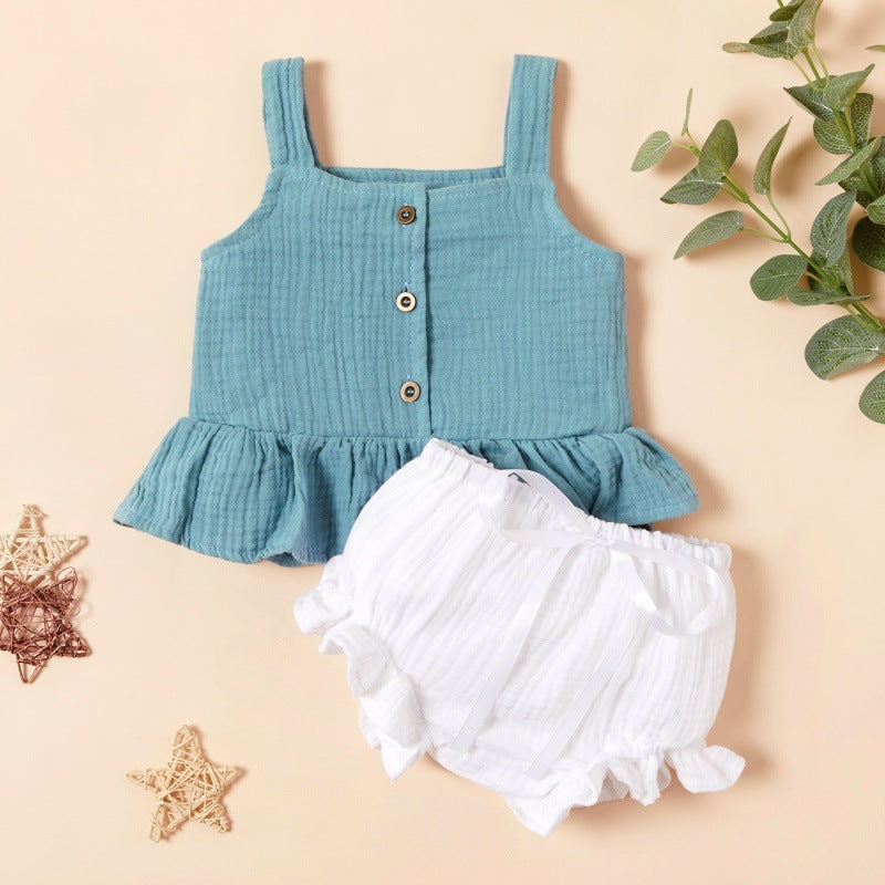 Ensemble deux pièces de bretelles en lin et coton pour enfants
