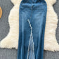 Hong Kong Style Retro Denim Skirt Design Sense Frayed Hem Split