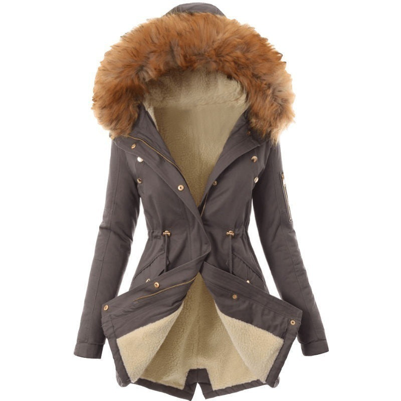 Pure Color Hooded Slim Warm Zipper Jacket Women Padded Coat