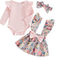Combinaison 3 pièces simple pour nourrissons, style pastoral européen et américain, commerce extérieur transfrontalier, jupe à bretelles florale avec nœud