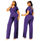 Short Sleeve Button Solid Color Backless Loose Two-piece Suit