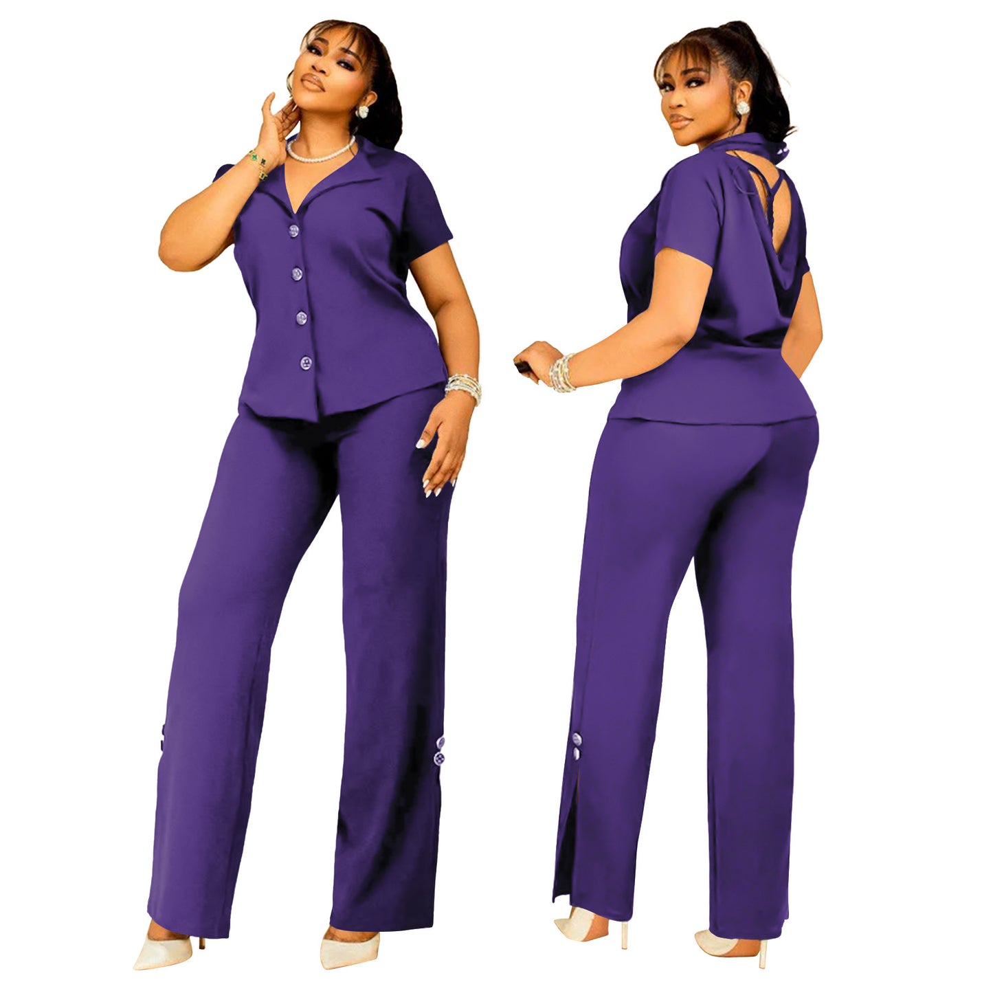 Short Sleeve Button Solid Color Backless Loose Two-piece Suit