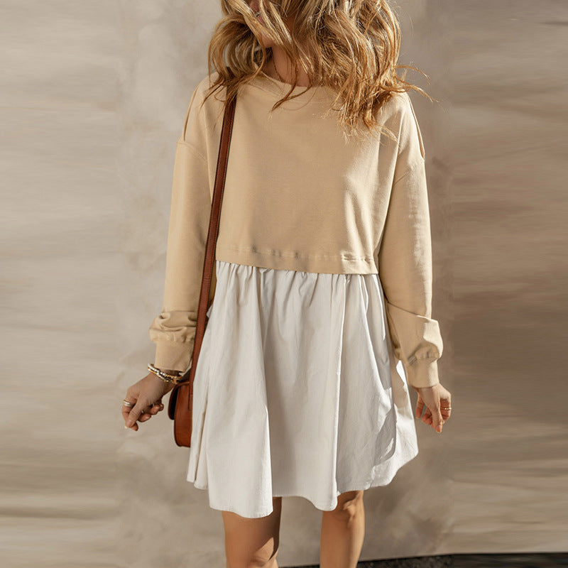 Jupe courte plissée à blocs de couleurs tendance, longueur genou, pour femmes, style européen et américain, robe ample à manches longues