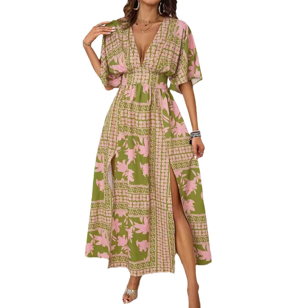 Sexy V-Neck Short-Sleeve Printed Waist-Cinching Dress