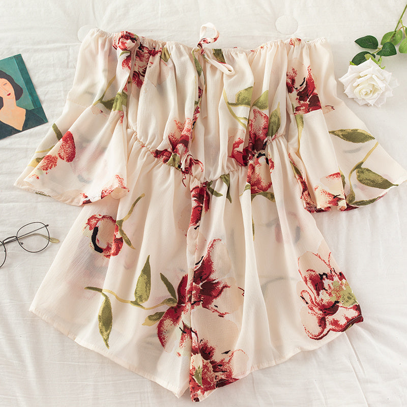 Off-the-shoulder Tie-flare-sleeve Floral-print Jumpsuit