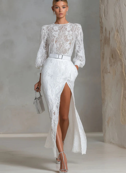 Elegant Round-neck Lace Long-sleeved Top And Slit Lace Skirt Set