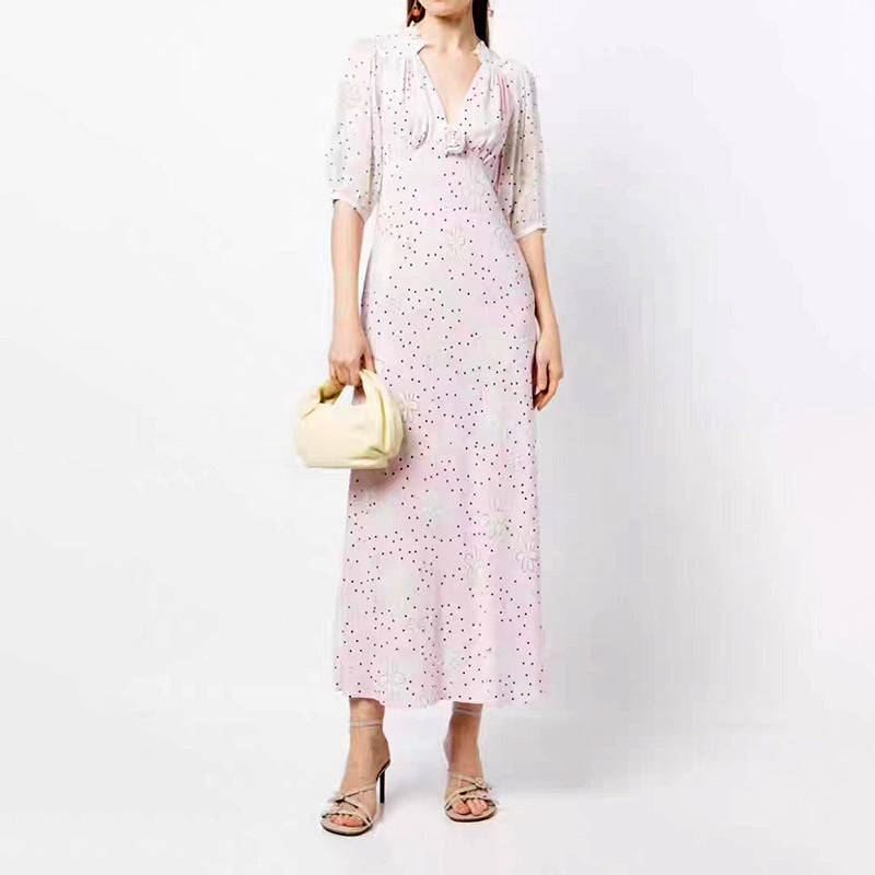 Elegant Spliced Printed Three-dimensional Flowers High Waist Long Dress