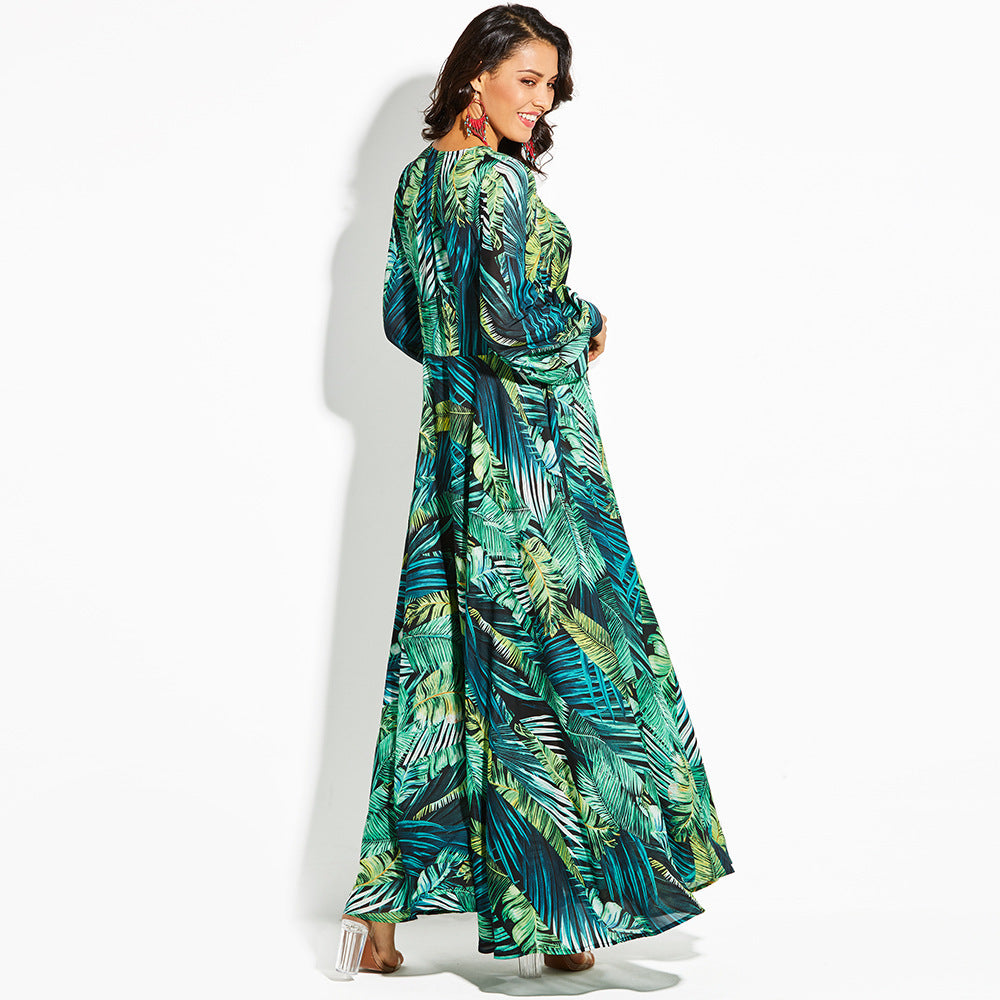 Summer Amazon New Lantern Sleeve V-neck Green Leaf Print Sk