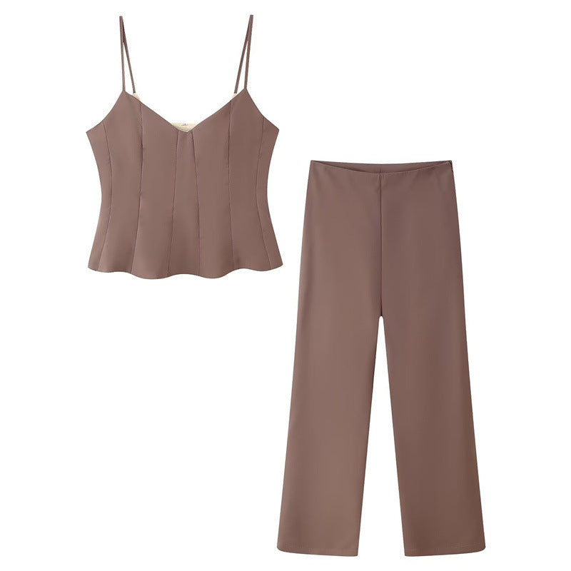 Sling Solid Color Top High Waist Casual Straight Trousers Suit