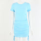 Round neck short sleeve side drawstring cotton dress